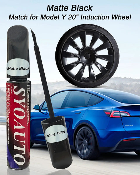 Premium Matte Black Rim Touch Up Paint Pen For Wheel Scratch Repair And Curb Rash Fix Quick Dry Formula beside Model Y 20" wheel.