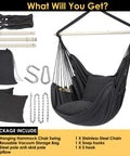 Dark grey hammock chair hanging rope swing with two cushions, removable steel spreader bar, and hardware kit for indoor outdoor use.