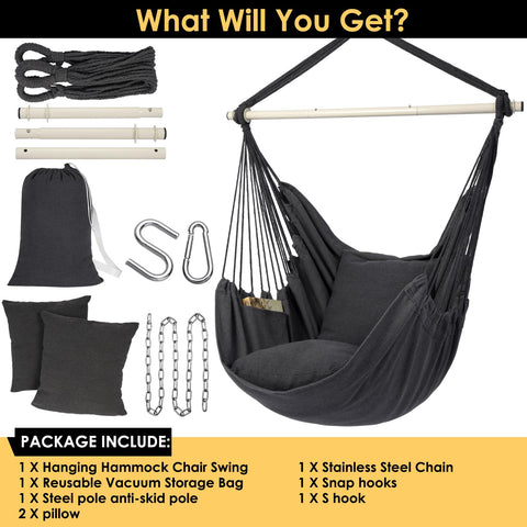 Dark grey hammock chair hanging rope swing with two cushions, removable steel spreader bar, and hardware kit for indoor outdoor use.
