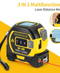 3 In 1 Digital Laser Tape Measure And Level Combo, 100m Laser Distance Meter With Cross Line Laser Level, 328ft Range, 16ft Digital Tape, Pro Grade Contractor Tool For Fast, Accurate Measurements On Job Sites. black and yellow handheld unit