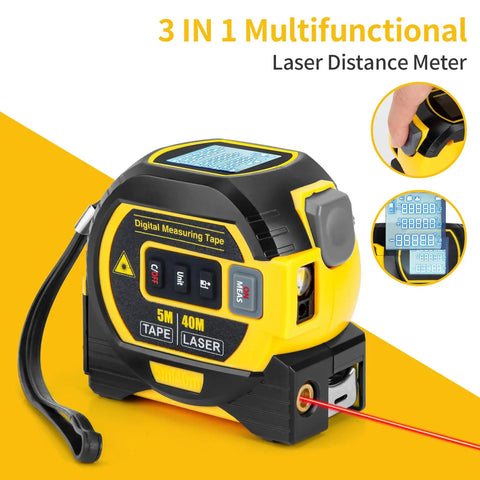3 In 1 Digital Laser Tape Measure And Level Combo, 100m Laser Distance Meter With Cross Line Laser Level, 328ft Range, 16ft Digital Tape, Pro Grade Contractor Tool For Fast, Accurate Measurements On Job Sites. black and yellow handheld unit