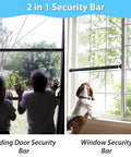 Two In One Sliding Door Security Bar Adjustable From 16 To 51 Inches Two Pack Heavy Duty Interior Window And Patio Door Security Rod Black Childproof Extra Long Fits Most Sliding Glass Doors And Windows With Adjustable Width For Easy No Tool Installation shown installed on window and door.