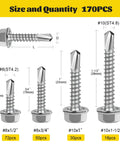Self Tapping Screws Assortment Kit For Metal, 170-Piece Set In 410 Stainless Steel With Hex Washer Head, size and quantity chart