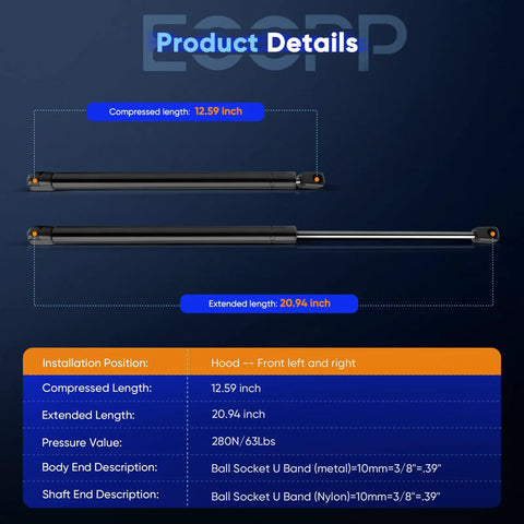Heavy Duty Lift Support Struts Gas Springs Premium Replacement Engine Hood Trunk Tailgate detail image showing length specifications.
