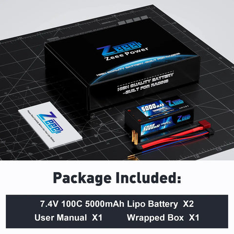 2S Shorty Lipo Battery 5000mAh 7.4V 100C Hard Case, 4mm Bullet To T Connector package displayed with box and user manual