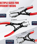 Three Piece Ratchet Hose Pinch Off Pliers Set With 8 Inch 10 Inch And 12 Inch Locking Fuel Line Pliers For Radiator Hose Heater Coolant And Fuel Lines Flexible Clamp Tool For Automotive Repair shown in size comparison with red handles.