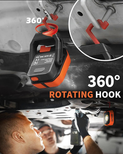 Magnetic Rechargeable 1200 Lumen Work Light With Four Modes And 150 Degree Rotatable Head Waterproof Portable Spotlight hanging under car with 360 rotating hook