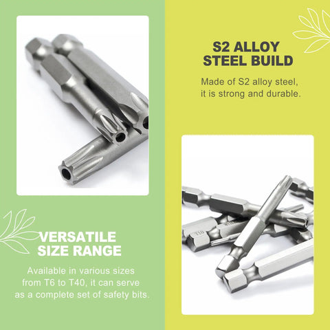 Heavy Duty Magnetic Security Star Bit Set And Top Drawer S2 Steel Screwdriver Bits showing S2 alloy steel bits from T6 to T40.
