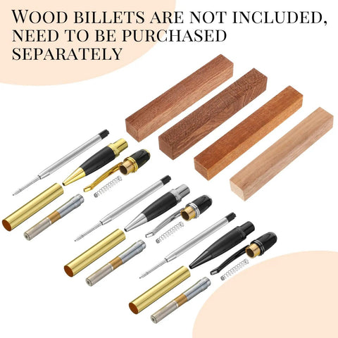 12 Pack Woodturning Pen Kit With Twist Ballpoint Refills Copper Turning Supplies showing parts and wood billets
