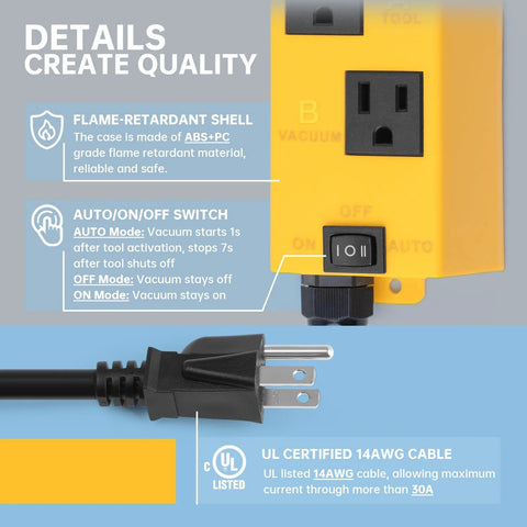 Ortis automatic vacuum switch in yellow with ON/OFF/AUTO toggle and UL-listed 14 AWG power cable