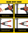 Dual Function Rivet Nut Gun And Blind Rivet Tool Kit illustrating blind rivet mode steps with images and instructions.
