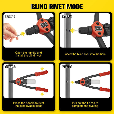 Dual Function Rivet Nut Gun And Blind Rivet Tool Kit illustrating blind rivet mode steps with images and instructions.