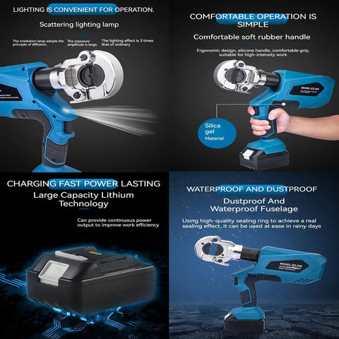 Top Rated Rechargeable Hydraulic Pliers 18V Electric Crimping Tool showing ergonomic rubber handle and waterproof design.