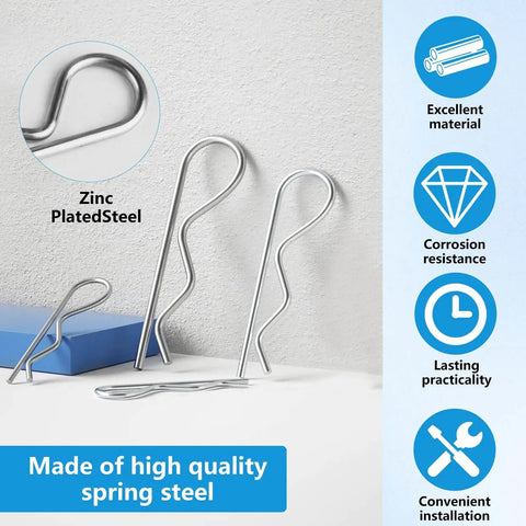 60 Piece Cotter Pin Kit With 5 Size Assortment, Heavy Duty R Clips And Hairpin Pins, Stainless Steel Fasteners, visible with features.