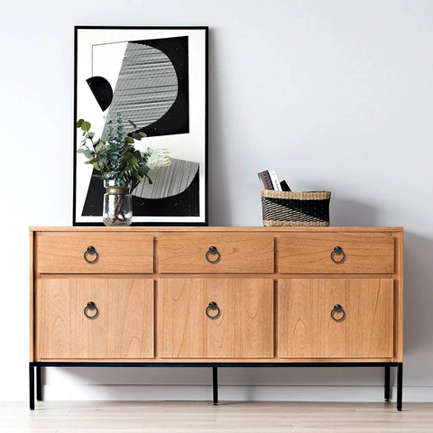 Wooden dresser with 10 Pcs Black Ring Pull Handles for Cabinets and Dresser Drawers Single Hole One And Three Quarter Inch Zinc Alloy Knobs.