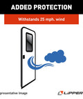 Illustration showing RV Entry Door Friction Hinge Kit Pack Of 2 For Fifth Wheel Travel Trailer And Motorhome Easy DIY Install with wind icon.