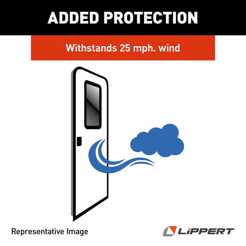 Illustration showing RV Entry Door Friction Hinge Kit Pack Of 2 For Fifth Wheel Travel Trailer And Motorhome Easy DIY Install with wind icon.
