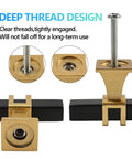 Deep thread design of two pack square black and gold T bar cabinet handles, stainless steel for cabinets and drawers, shown in detail.