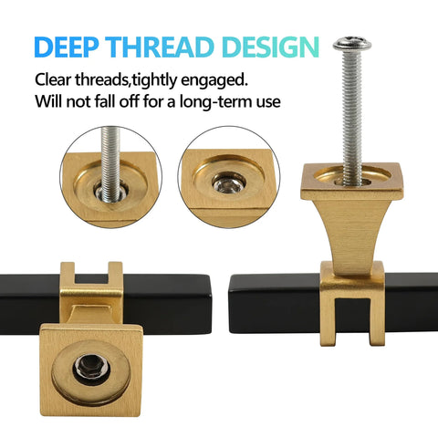 Deep thread design of two pack square black and gold T bar cabinet handles, stainless steel for cabinets and drawers, shown in detail.