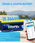 Complete 10 Kw Whole House Off Grid Solar Kit With 15 36 Kwh LifePo4 Battery And 4920 Watt Panels shows a LiFePO4 battery with Bluetooth app monitoring.