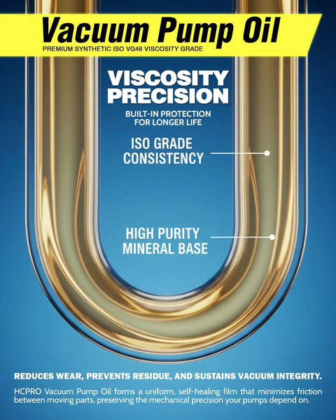 Heavy Duty Synthetic Vacuum Pump Oil Built For Hvac Crews Demanding Zero Mist features a clear bottle displaying viscosity precision.