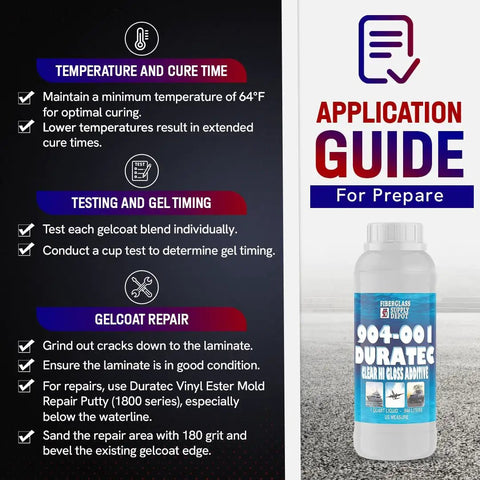 Clear Hi Gloss Gelcoat Additive quart-size product with application guide details for marine restorations and cosmetic repairs.