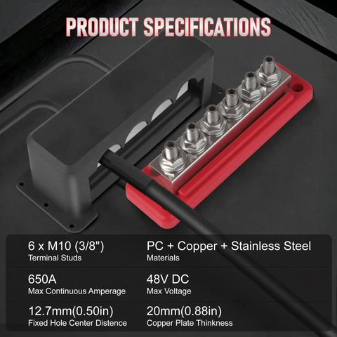 Two Pack 600 Amp Bus Bar Power Distribution Block For 12 To 48 Volt Systems Marine Boat RV And Automotive Use With Waterproof Cover Quick Mount Six M10 Studs Red And Black Terminal Block side view
