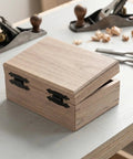 Wooden box with 12 Pack Antique Black H Shape Cabinet Hinges 3.5 Inch For Vintage Furniture Restoration and DIY Wood Projects.