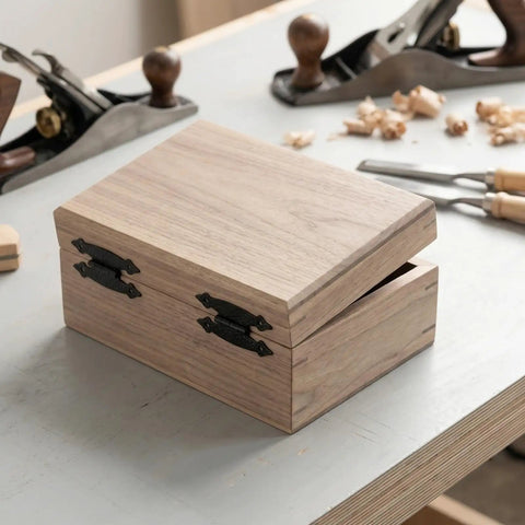 Wooden box with 12 Pack Antique Black H Shape Cabinet Hinges 3.5 Inch For Vintage Furniture Restoration and DIY Wood Projects.