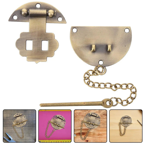 Retro Iron Alloy Hasp Latch Tower Buckle Chain Lock For Vintage Jewelry Chest Treasure Display Case, gold metal closure design.