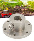 Heavy Duty 14mm Stainless Steel RC Shaft Coupling With Chain Slot And Flange Connector For RC Hobby Parts placed on soil near a toy tractor.