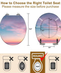 Smooth Round Resin Toilet Seat With Gentle Soft Close Lid And Quick Release Hinges Adding Fresh Coastal Tropics Vibes To Your Restroom While Remaining Dead Simple To Install And Scrub Clean Daily shown with measurement guide.