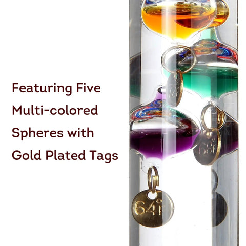 Close-up of 4 in 1 Analog Weather Station for Desk with Galileo Thermometer and FitzRoy Storm Glass, showing multicolored spheres.