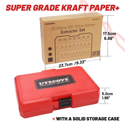 27 Piece Screw Extractor Set With Hex Head And Multi Spline Easy Out Kit in red storage case and brown box packaging
