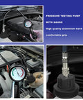 Pro Level 18 Piece Universal Radiator Pressure Testing Kit With Thirteen Heavy Duty Coolant Adapter Fittings For Zero Drama Cooling System Checks And Fast Leak Fixes While Working Under The Hood This Weekend showing aluminum hand pump and pressure gauge.