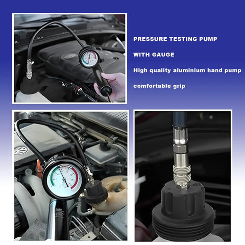 Pro Level 18 Piece Universal Radiator Pressure Testing Kit With Thirteen Heavy Duty Coolant Adapter Fittings For Zero Drama Cooling System Checks And Fast Leak Fixes While Working Under The Hood This Weekend showing aluminum hand pump and pressure gauge.
