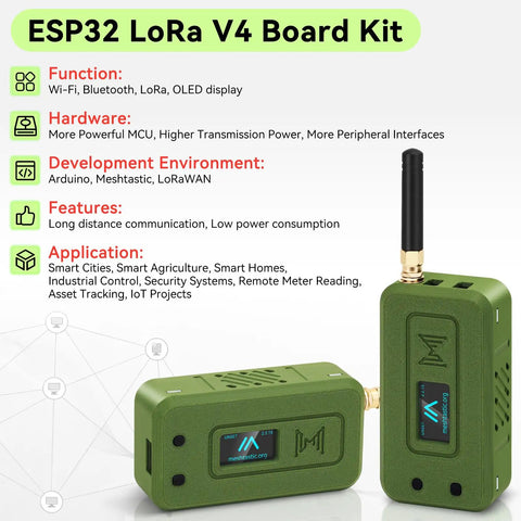 ESP32 S3 LoRa V4 Development Board Duo With L76 Gnss Gps Module And 3000 Mah Battery Plus Green Case shown with antenna, OLED display.