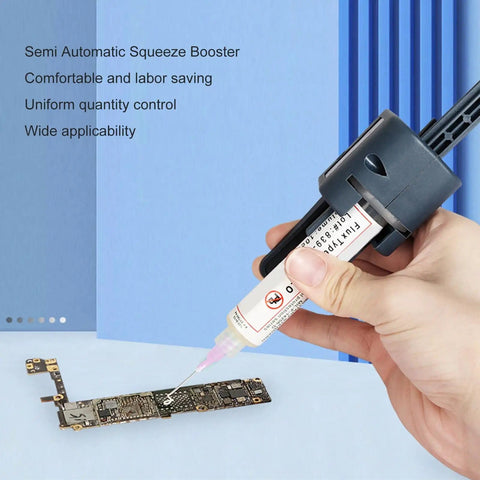 Hand using Efficient Solder Paste Extruder Flux Dispenser Kit With 0.8mm And 1.3mm Nozzles for PCB soldering