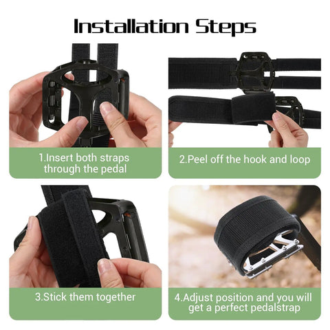 Installation steps for Double Adhesive Adjustable Bike Pedal Straps With Anti Slip Toe Clips Universal Foot Straps in black nylon.