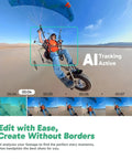 Weatherproof 5.7K 360 Video Action Camera Creator Bundle capturing AI tracking during a biking stunt with horizon lock feature