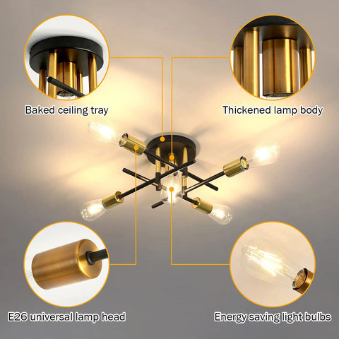 Five Light Dope Farmhouse Semi Flush Mount Ceiling Light Fixture With E26 Base Modern Matte Black And Gold Sputnik Chandelier