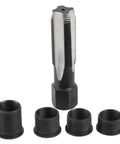 Cylinder Head Rethread Kit For Aluminum Heads Only With Tap And Reamer And Three Eighths Inch, Seven Sixteenths Inch, One Half Inch, And Three Quarters Inch Inserts For Spark Plug Thread Repair Pro Grade Heavy Duty Mechanic Tool For DIY Auto Works, image of tap and four thread inserts.
