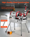 Top Tier 900W Electric Pipe Threader Machine With Foot Pedal For Nailing Smooth Half To Four Inch Cuts And Deburring Plumbing Jobs Made Dead Simple Heavy Duty Shop Essential Gear, showing sturdy steel construction and pedal.