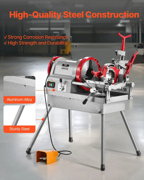 Top Tier 900W Electric Pipe Threader Machine With Foot Pedal For Nailing Smooth Half To Four Inch Cuts And Deburring Plumbing Jobs Made Dead Simple Heavy Duty Shop Essential Gear, showing sturdy steel construction and pedal.