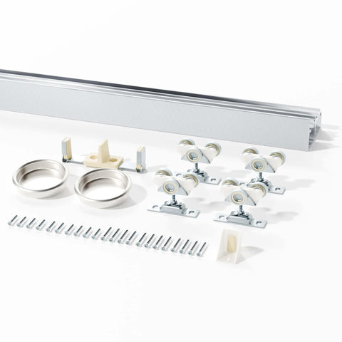 60 Inch Bypass Sliding Door Hardware Kit for Closets and Living Spaces, 5ft Double Track System with silver aluminum rail and parts