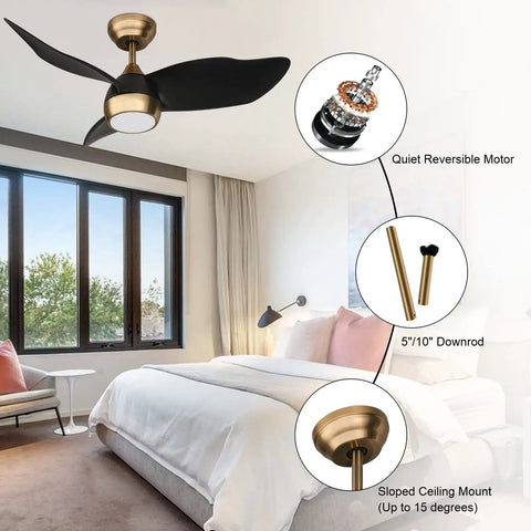 36 Inch Quiet DC Motor Ceiling Fan With 6 Speeds, Dimmable LED Light, 3 Blades in Bedroom Setting, Black Gold Finish