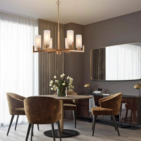 Six Light Gold Chandelier With White Frosted Glass Shades For Dining Room Living Room Kitchen And Bedroom Modern Chic Fixture For Warm Vibe And Easy Install in cozy dining room setting.