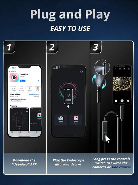Step-by-step guide using Dual Lens Endoscope Camera With Light 1920P HD Borescope for iOS and Android setup and app.