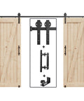 10 Foot Double Door Sliding Barn Door Hardware Track Kit With Handle Industrial Spoke Wheel Wall Mount Quiet Glide Easy Install Black Finish 108 Inch Track Fits 50 To 52 Inch Opening. Includes wooden doors, spoke wheels, handle and wall mount.