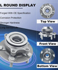 Front Wheel Bearing And Hub Assembly Direct Fit For Nissan Rogue 2008 2013 Rogue Select 2014 2015 And Sentra 2008 2012 2.5L 4 Cylinder 5 Lug Replacement Hub OEM Grade shown in top, front, and bottom views.